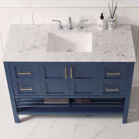 Image of Florence 48" Vanity in Royal Blue with Carrara White Marble Countertop Without Mirror