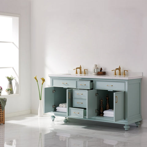 Image of Charlotte 72" Vanity in Finnish Green with Carrara White Composite Stone Countertop Without Mirror