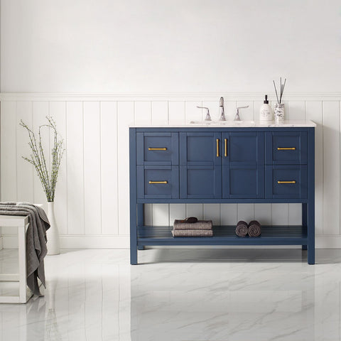 Image of Florence 48" Vanity in Royal Blue with Carrara White Marble Countertop Without Mirror