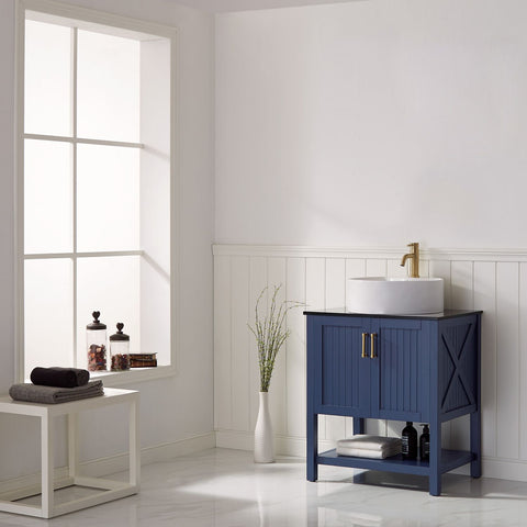 Image of Modena 28” Vanity in Royal Blue with Glass Countertop with White Vessel Sink Without Mirror