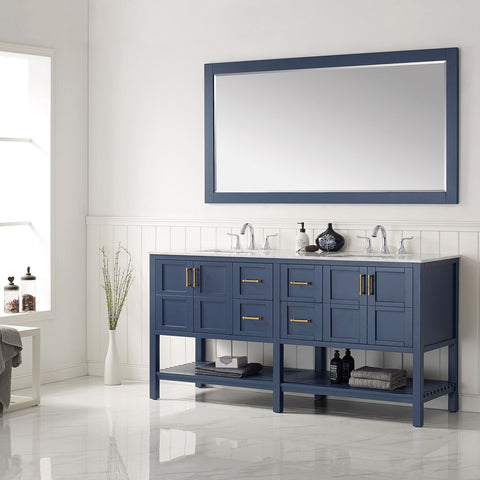 Image of Florence 72" Vanity in Royal Blue with Carrara White Marble Countertop With Mirror