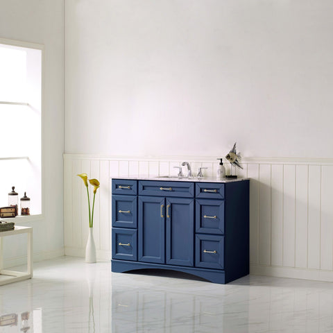 Image of Naples 48" Vanity in Royal Blue with Carrara White Marble Countertop Without Mirror