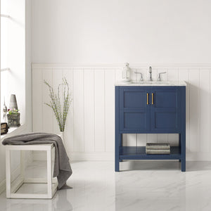 Florence 30" Vanity in Royal Blue with Carrara White Marble Countertop Without Mirror