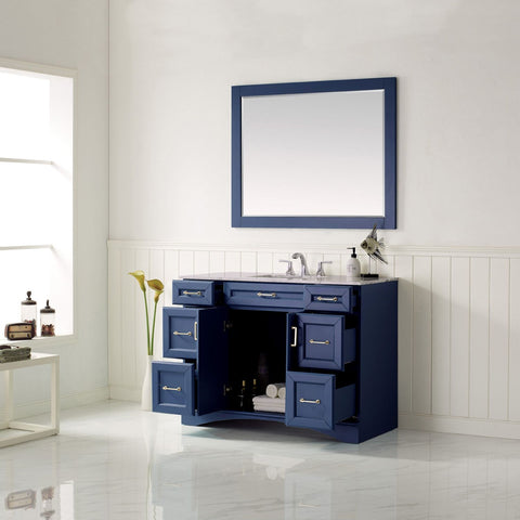 Image of Naples 48" Vanity in Royal Blue with Carrara White Marble Countertop With Mirror