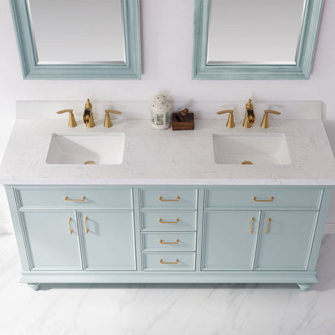 Image of Charlotte 72" Vanity in Finnish Green with Carrara White Composite Stone Countertop With Mirror