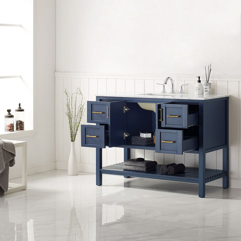 Image of Florence 48" Vanity in Royal Blue with Carrara White Marble Countertop Without Mirror