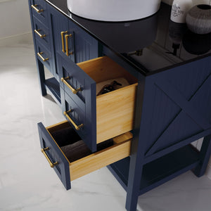 Modena 48” Vanity in Royal Blue with Glass Countertop with White Vessel Sink Without Mirror