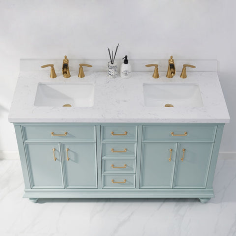 Image of Charlotte 60" Vanity in Finnish Green with Carrara White Composite Stone Countertop Without Mirror