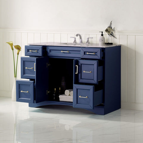 Image of Naples 48" Vanity in Royal Blue with Carrara White Marble Countertop Without Mirror