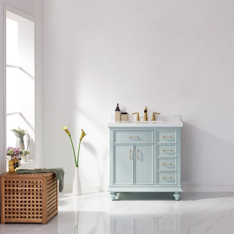 Image of Charlotte 36" Vanity in Finnish Green with Carrara White Composite Stone Countertop Without Mirror