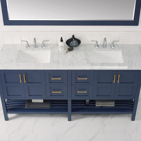 Image of Florence 72" Vanity in Royal Blue with Carrara White Marble Countertop With Mirror