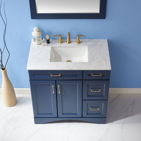 Image of Naples 36" Vanity in Royal Blue with Carrara White Marble Countertop With Mirror