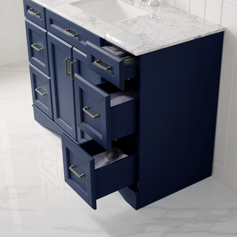 Image of Naples 48" Vanity in Royal Blue with Carrara White Marble Countertop Without Mirror