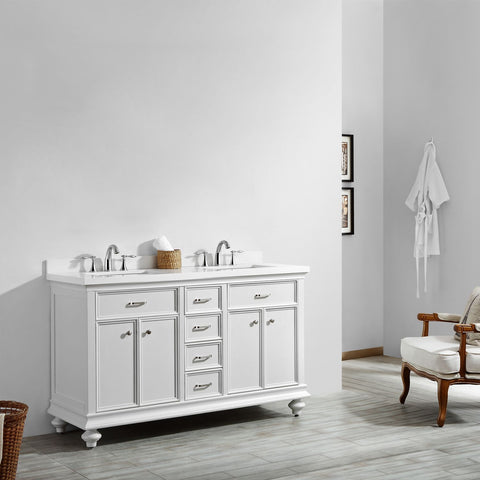 Image of Charlotte 60" Double Vanity in White with Carrara Quartz Stone Top  Without Mirror